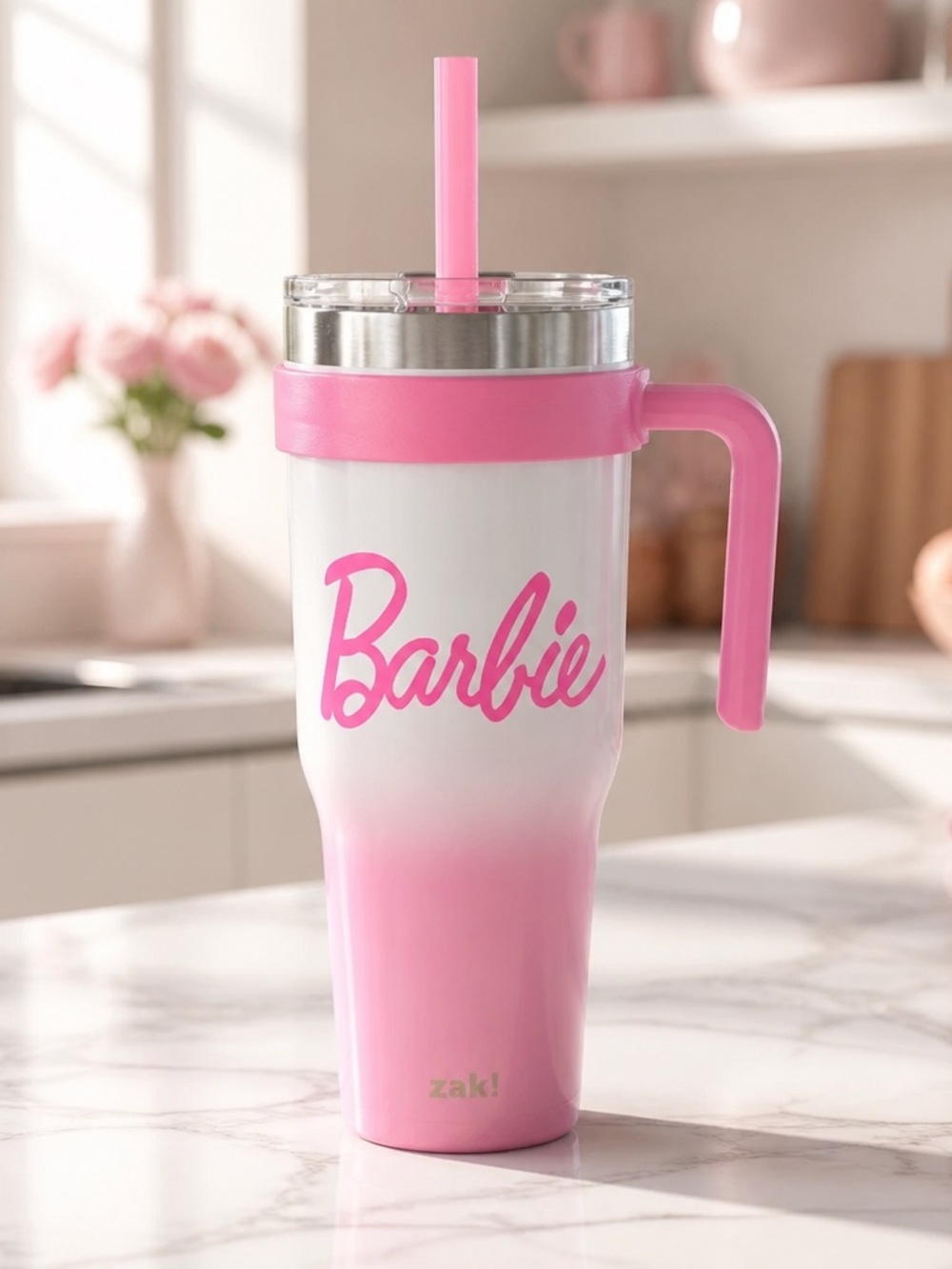Barbie 40oz Ombre Tumbler Pink White Travel Cup with Straw